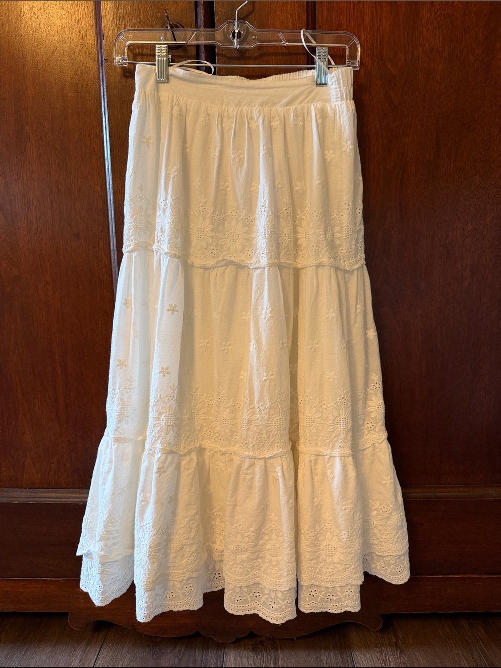White Tiered Eyelet Cotton Midi Skirt - Women's